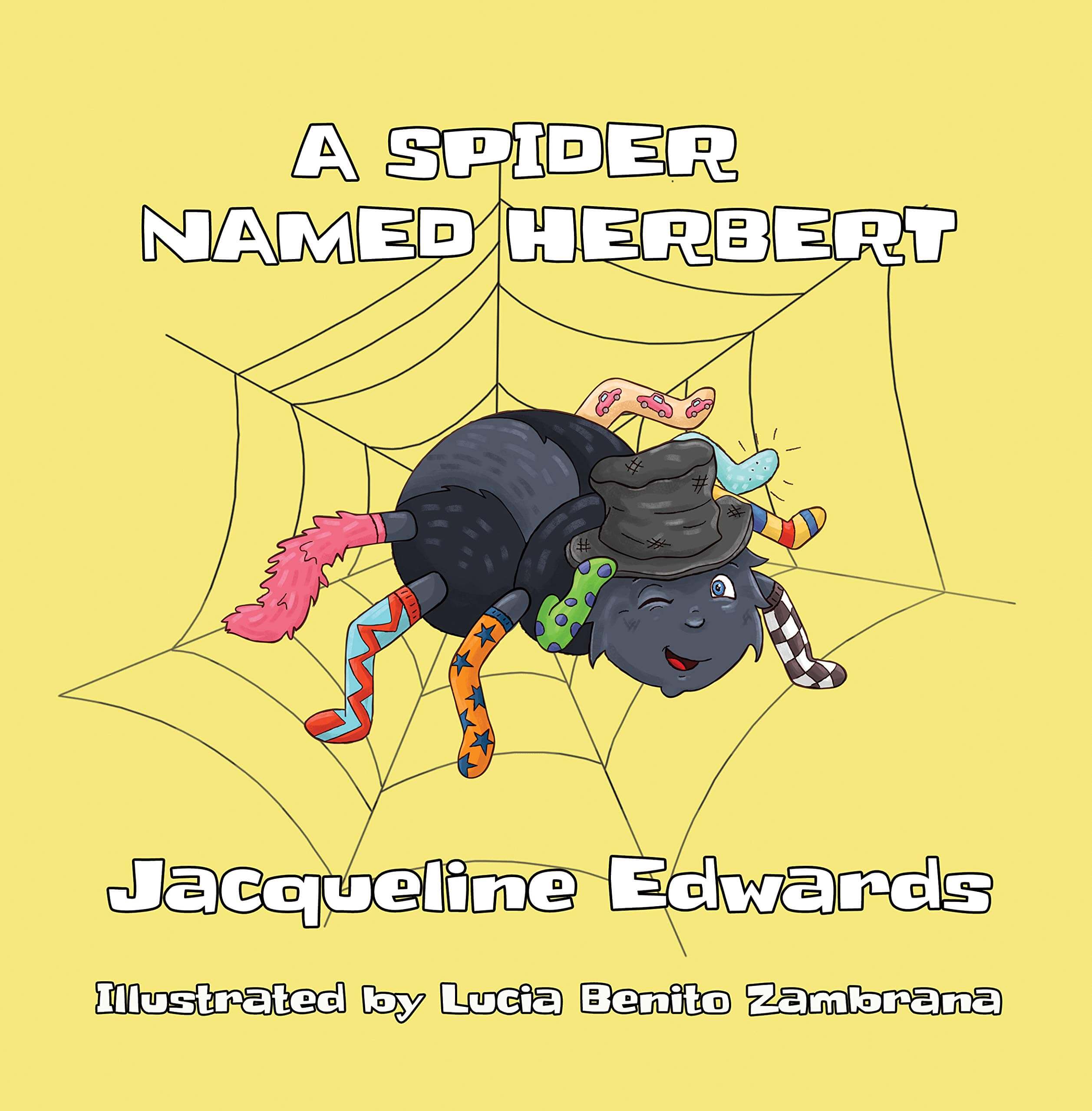 A book cover showing a winking spider, with vibrant multi-colour socks on